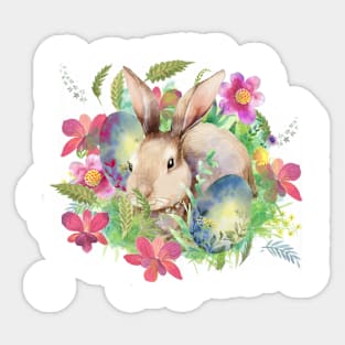 Watercolor cuteeaster rabbyt and egg an flowers Sticker